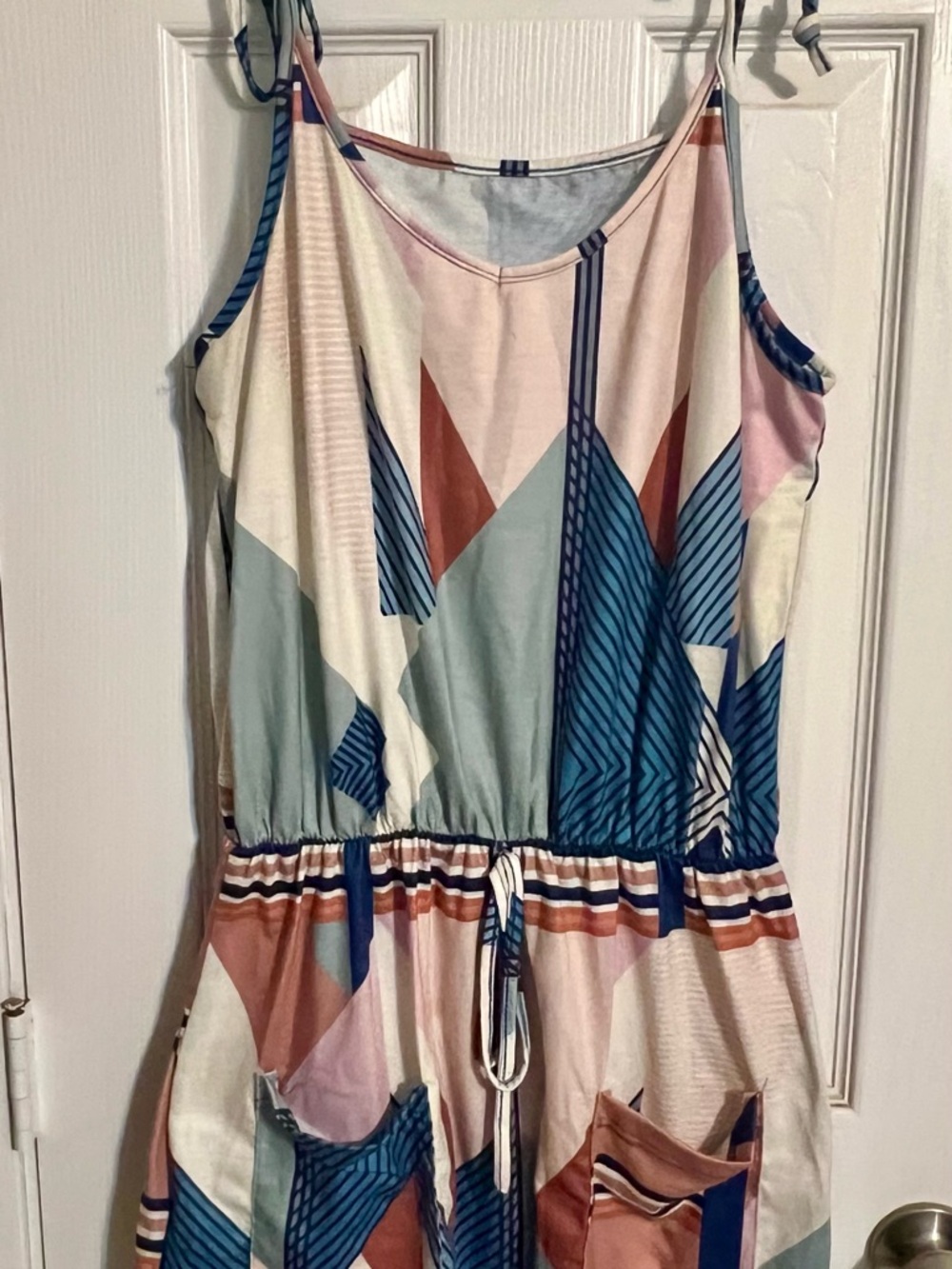 Sleeveless Geometric Print Drawstring Waist dress - Blue, Pink, Rust